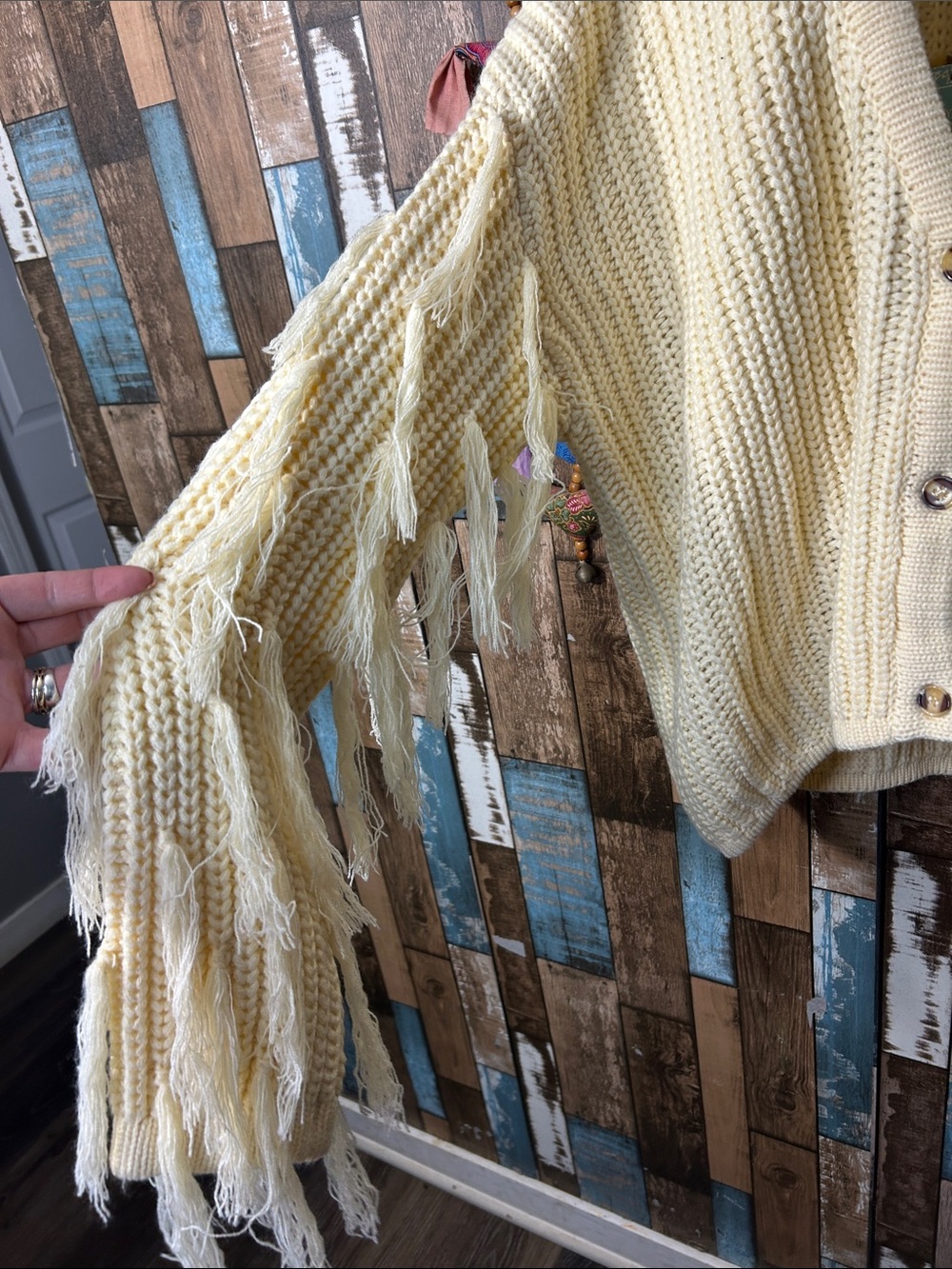 Hayden Cream Fringe Chunky V-Neck Cardigan - Picture 5 of 16